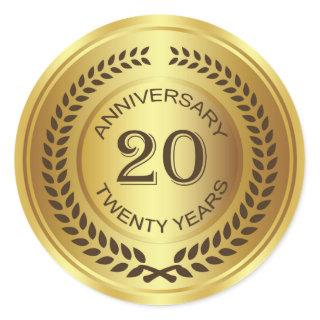 Golden 20th Anniversary with laurel wreath Classic Round Sticker
