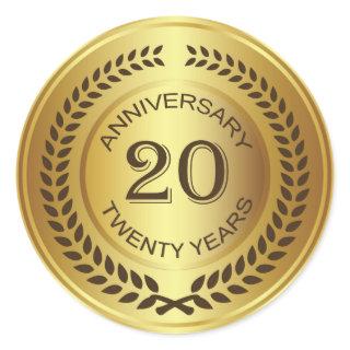 Golden 20th Anniversary with laurel wreath Classic Round Sticker