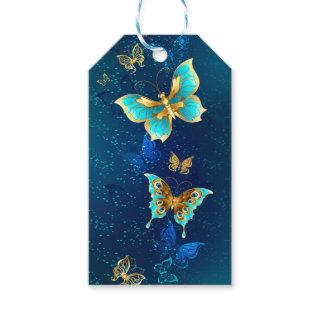 Golden Butterflies on a Blue Background Gift Tags