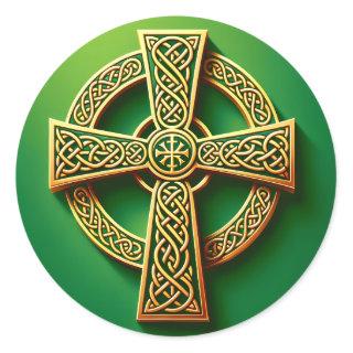Golden Celtic Cross on Green Classic Round Sticker