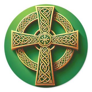 Golden Celtic Cross on Green Classic Round Sticker