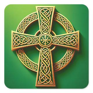 Golden Celtic Cross on Green Square Sticker