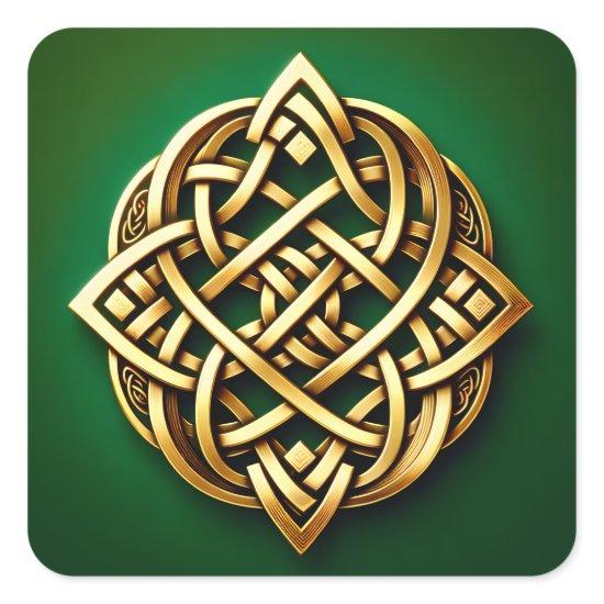 Golden Celtic Knot on Green Square Sticker