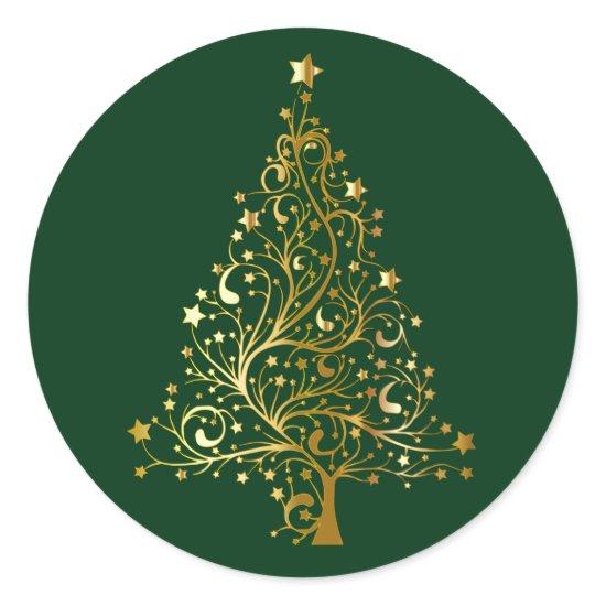 Golden Christmas Tree on Black Classic Round Sticker