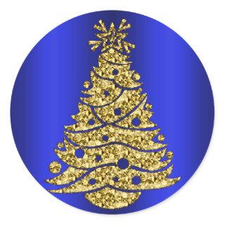 Golden Christmas Tree on Blue Classic Round Sticker