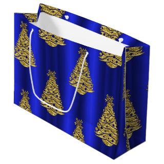 Golden Christmas Trees on Blue Large Gift Bag