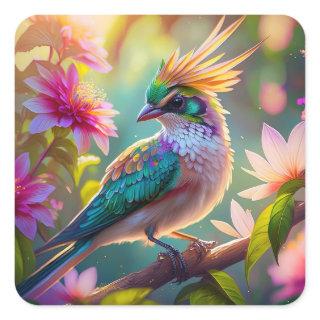 Golden Crested Green Headed Finch Fantasy Bird Square Sticker