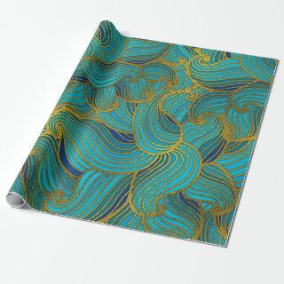 Golden Embossed  Swirl Wave Pattern on Blue