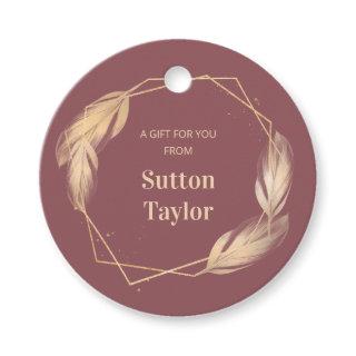Golden Feathers on Mauve Favor Tags