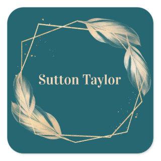 Golden Feathers on Teal Square Sticker
