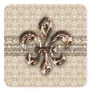 Golden Fleur De Lis with Cream Damask Pattern Square Sticker