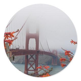 Golden Gate Bridge with Orange Flowers Classic Round Sticker