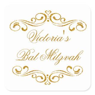 Golden glitter scrolls Bat Mitzvah Logo Square Sticker