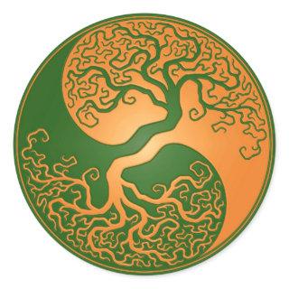 Golden Green Yin Yang Tree Classic Round Sticker