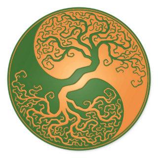 Golden Green Yin Yang Tree Classic Round Sticker