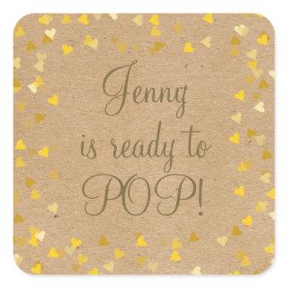 Golden Hearts She's Ready to Pop Baby Shower Favor Square Sticker