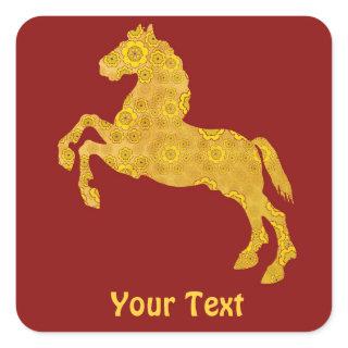 Golden Lotus Petal Pattern Horse On Dark Red Square Sticker