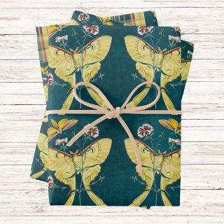 Golden Luna Moth with Flowers on Teal with Plaid  Sheets