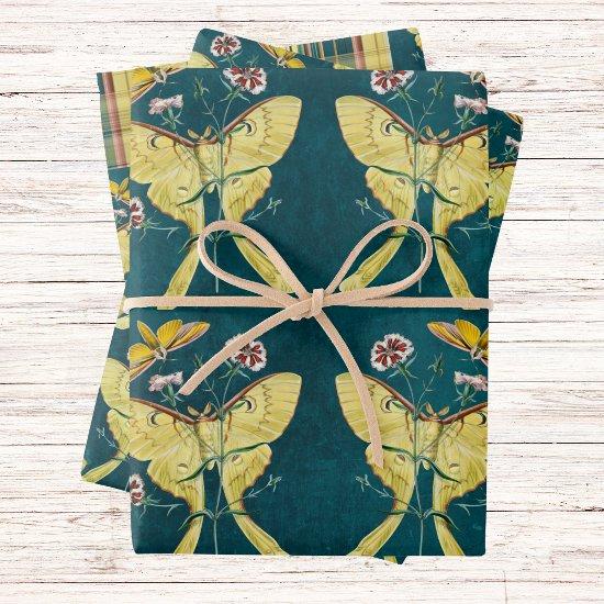 Golden Luna Moth with Flowers on Teal with Plaid  Sheets