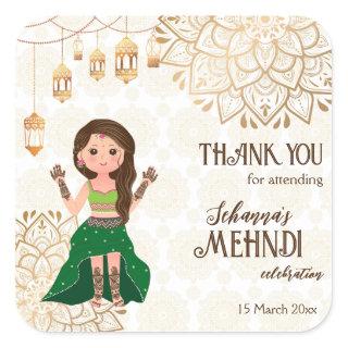 Golden mandala with cute Indian bride personalized Square Sticker