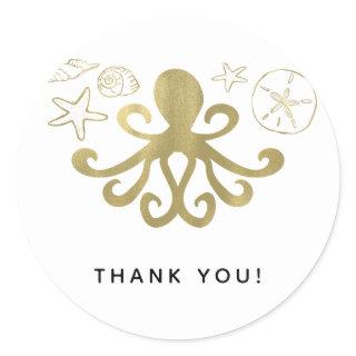 Golden Octopus & Sea Shells Beach Birthday Party Classic Round Sticker