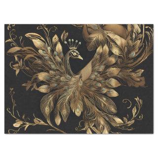 Golden Peacock With Blue Feathers on Black Tissue Paper