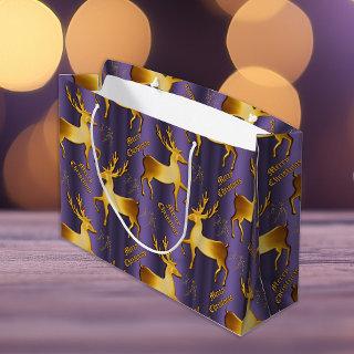 Golden Reindeer Glittery Purple Christmas  Large Gift Bag