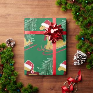 Golden Retriever Riding Xmas Tree Sled Green