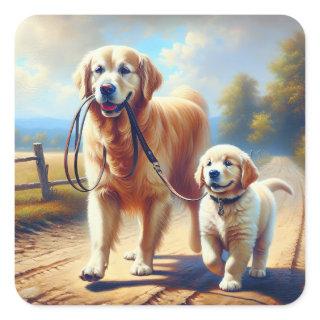 Golden Retrievers Out For A Walk Square Sticker