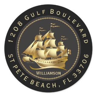 Golden Sailing Ship on Black Return Address Classic Round Sticker