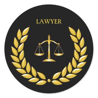 Golden Scales of Justice Lawyer on Black Classic Round Sticker