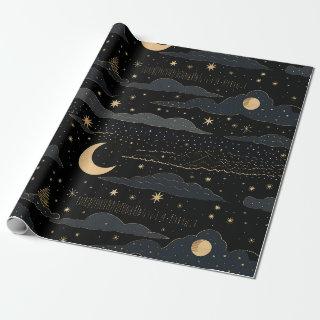 Golden Stars & Moon Night Sky
