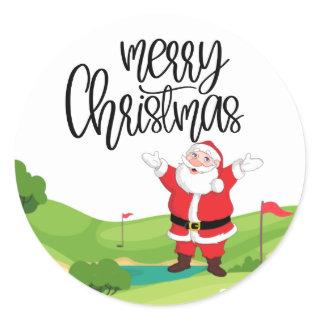 Golf Merry Christmas with Santa Claus at flag   Classic Round Sticker