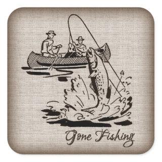 Gone Fishing Vintage Canoe Kayak Fish on Burlap Square Sticker