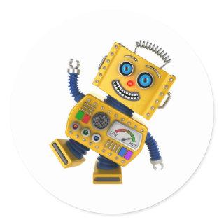 Goofy yellow toy robot classic round sticker
