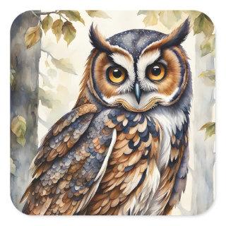Gorgeous Wood Owl on Tree Branch Leaves Square Sticker