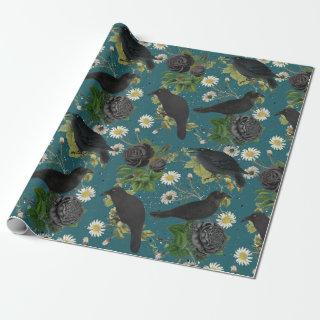 Goth Crows & Black Roses Deep Teal Pattern