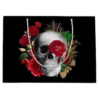 Goth Skull with Red Flowers & Gold Leaves Large Gift Bag