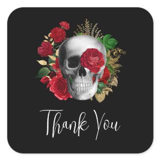 Goth Skull with Red Flowers Thank You Square Sticker