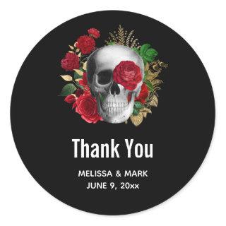 Goth Skull with Red Flowers Wedding Thank You Classic Round Sticker