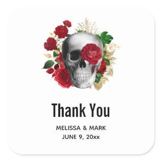 Goth Skull with Red Flowers Wedding Thank You Square Sticker