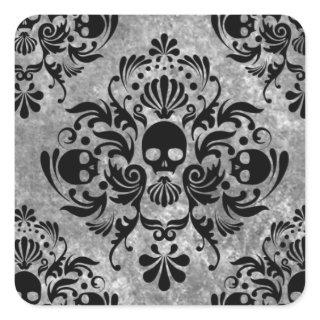 Gothic Black Skull Grunge Damask Pattern Square Sticker