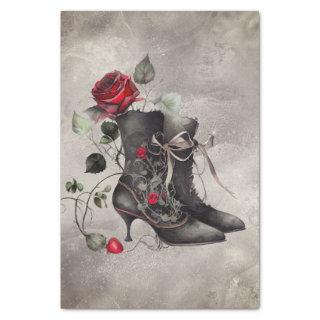 Gothic Boudoir | Antique Dress Boots With Red Rose Tissue Paper
