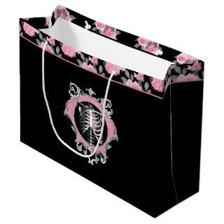Gothic Love | Pink and Black Skeleton Heart Floral Large Gift Bag