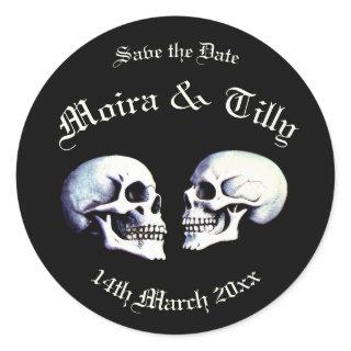 Gothic Purple Dancing Skeletons Save the Date Classic Round Sticker