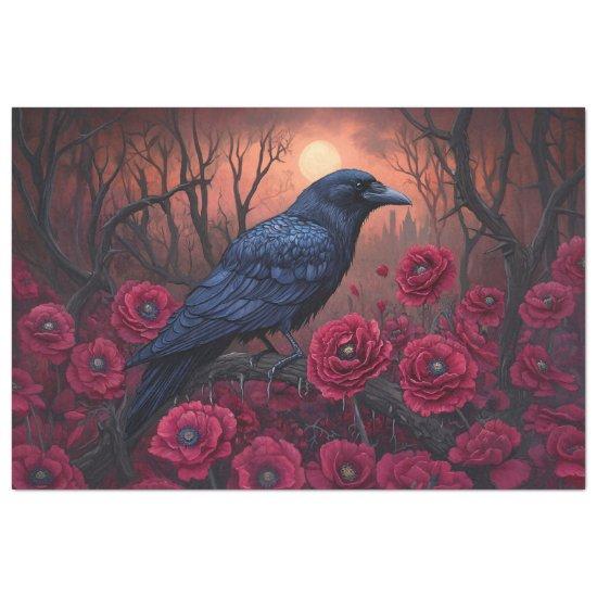 Gothic Raven with Dark Red Poppies Decoupage Tissue Paper