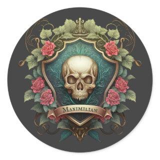 Gothic Skull And Roses Ornament Shield Design Classic Round Sticker