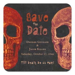 Gothic Skull Orange Black Save The Date Square Sticker