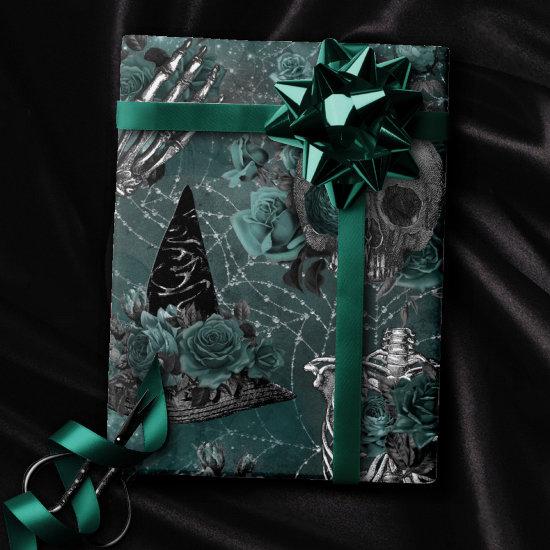 Gothic Skull Witch Floral in Midnight Teal