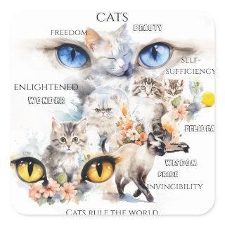 Graceful Cats Watercolor Art Typography Square Sticker